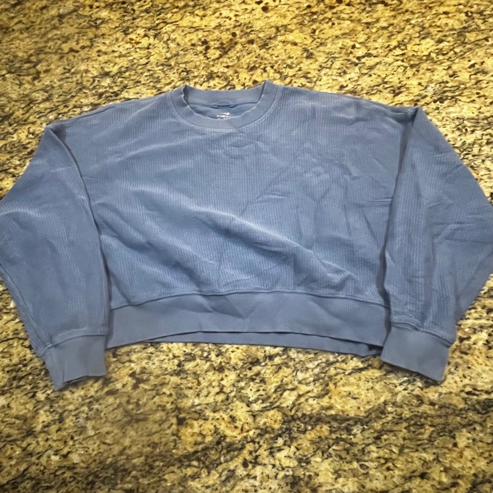 Aerie Women Blue Ribbed Corded Cropped Sweatshirt Oversized Crewneck Small